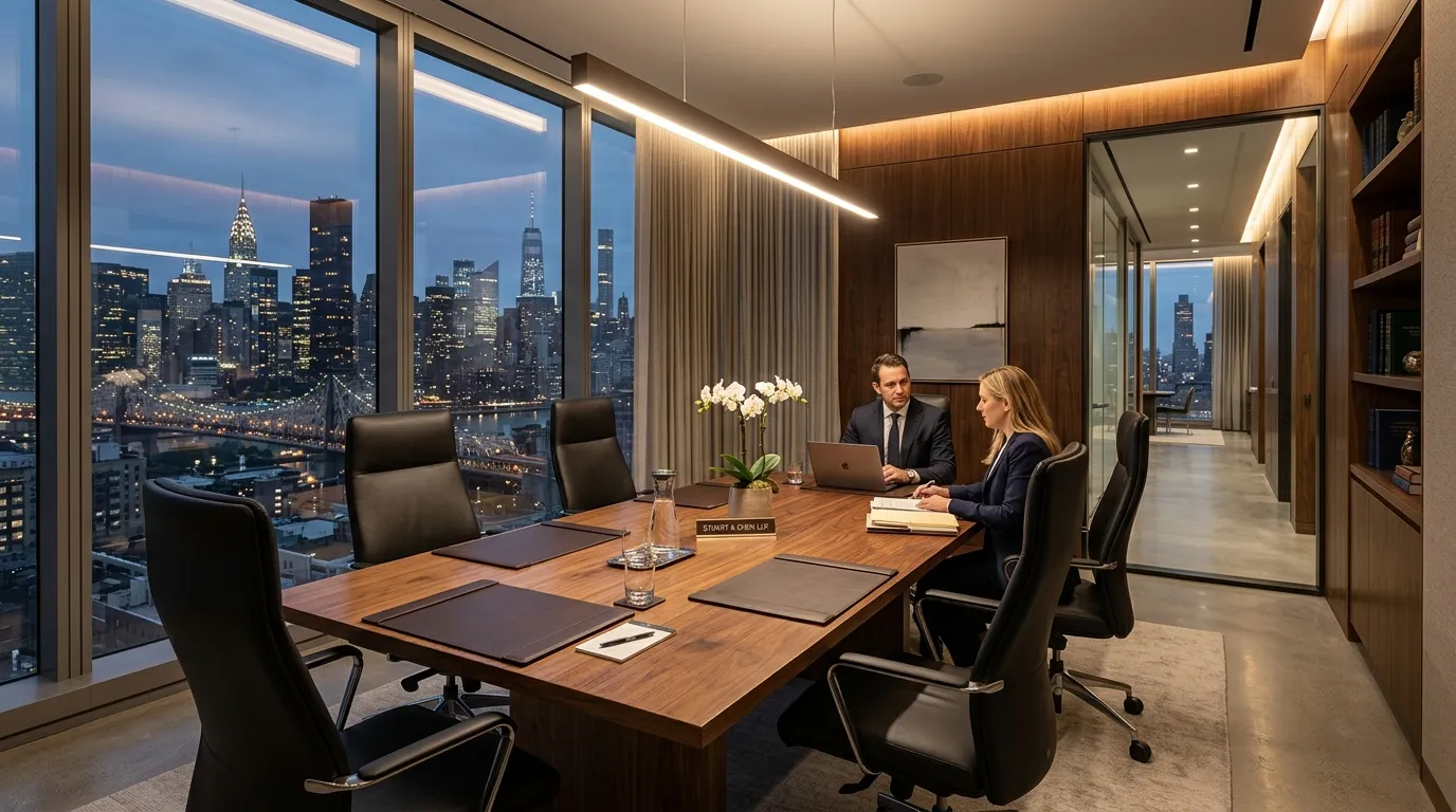 Warm modern law firm meeting room with city views